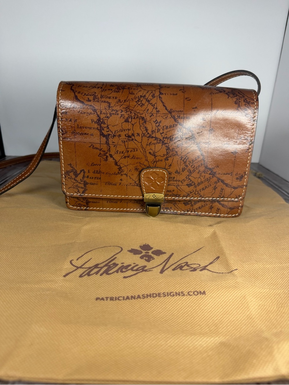 Patricia Nash Brown Map-Print Crossbody Leather Bag